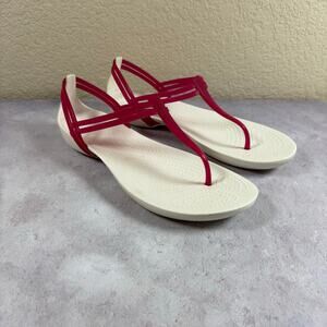 Crocs Isabella Sandals Womens 10 Jelly T-Strap Pink White Beach Slip On